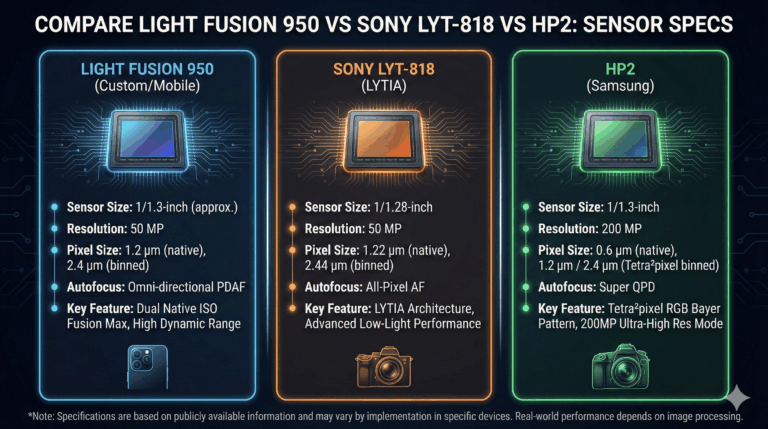 Compare Light Fusion 950 vs Sony LYT-818 vs HP2: Sensor Specs