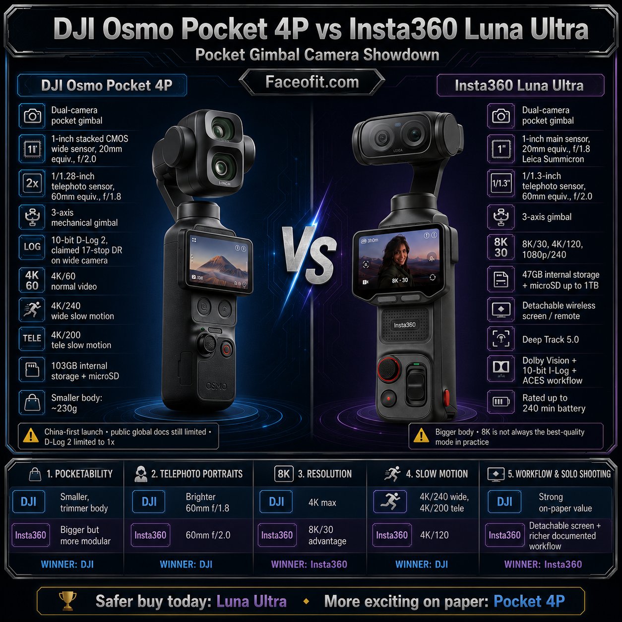 Infographic comparing DJI Osmo Pocket 4P and Insta360 Luna Ultra specifications